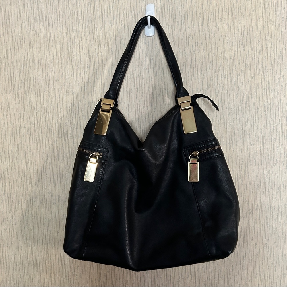 BANANA REPUBLIC BR Leather Tote Bag Purse Hobo Black Lagenlook Gold Hardware